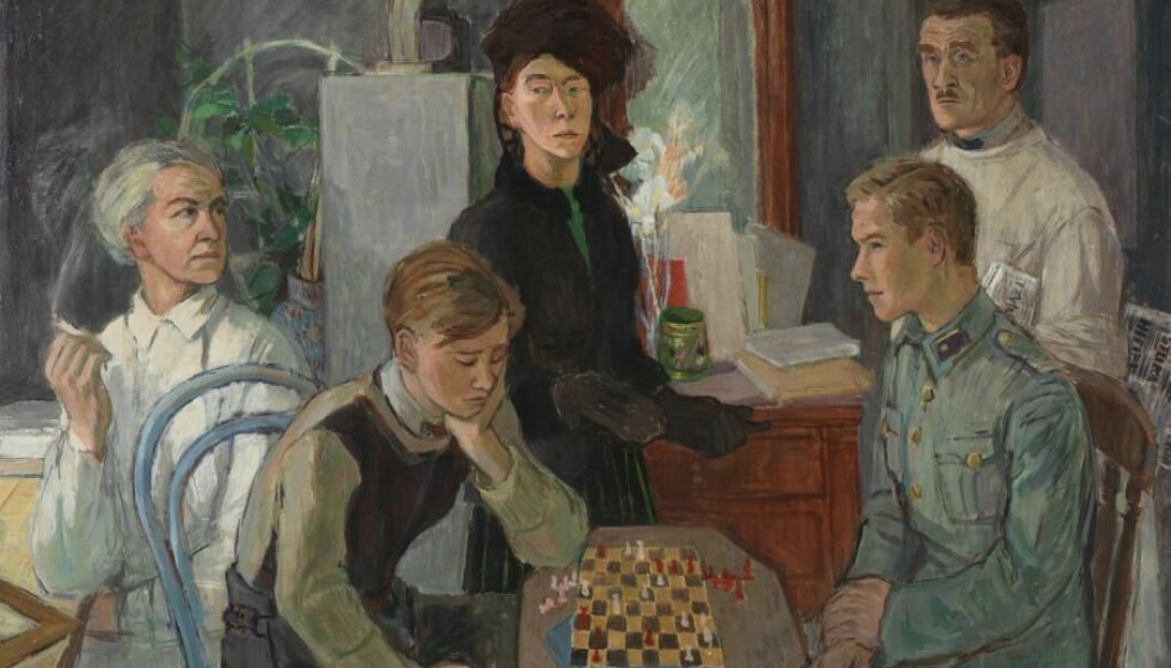 I 1942 malte Tove Jansson selvportrettet Familjen. Det er et spill mellom lys og mørke i dette portrettet av Tove og famililen, et spill som også er framtredende i Janssons forfatterskap, skriver Guro Slåstad. (c) Tove Jansson.