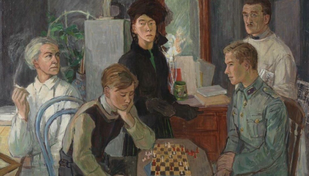 I 1942 malte Tove Jansson selvportrettet Familjen. Det er et spill mellom lys og mørke i dette portrettet av Tove og famililen, et spill som også er framtredende i Janssons forfatterskap, skriver Guro Slåstad. (c) Tove Jansson. I 1942 malte Tove Jansson selvportrettet Familjen. Det er et spill mellom lys og mørke i dette portrettet av Tove og famililen, et spill som også er framtredende i Janssons forfatterskap, skriver Guro Slåstad. (c) Tove Jansson.